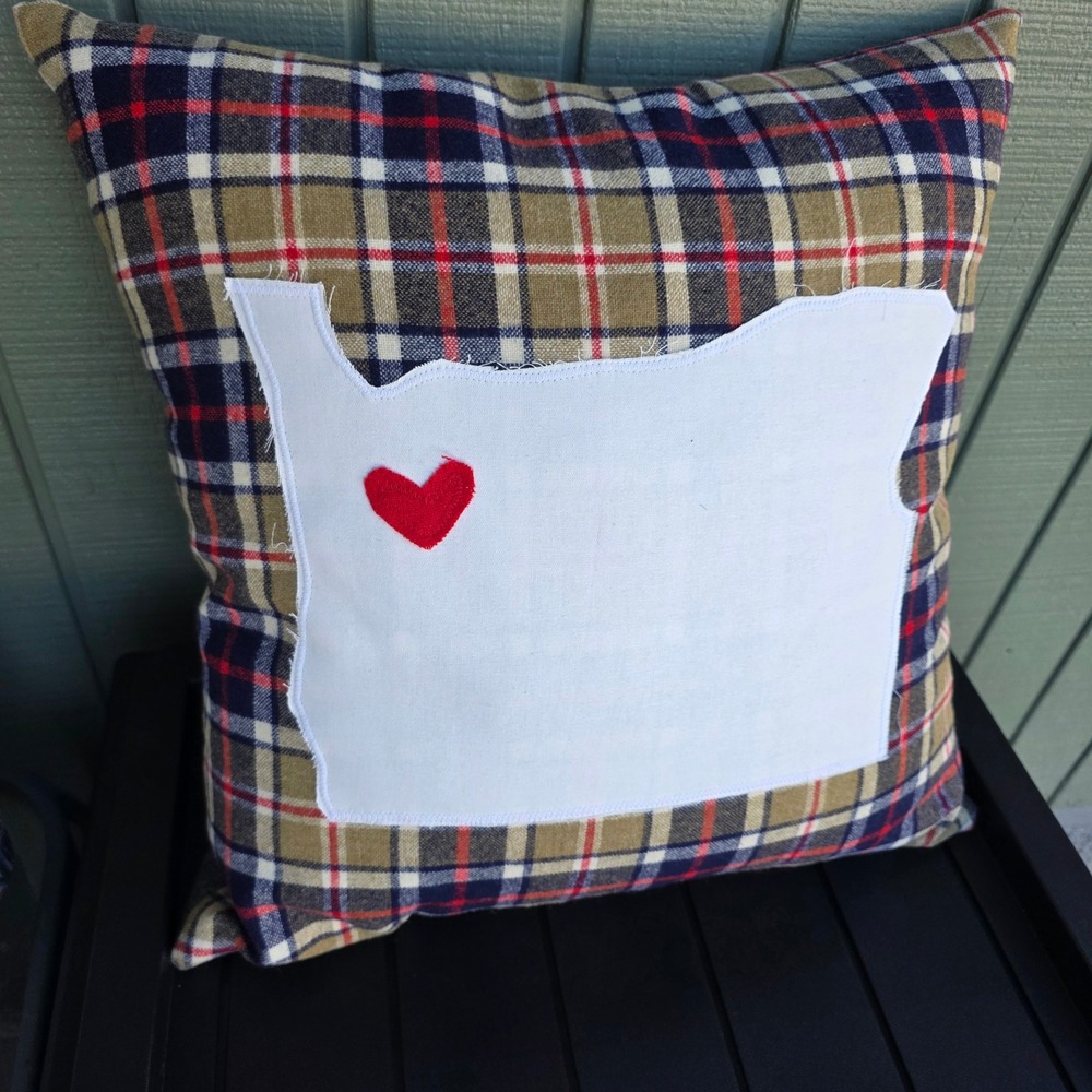 Oregon State Map Heart Plaid Wool Throw Pillow Multicolor 18x18 Handmade